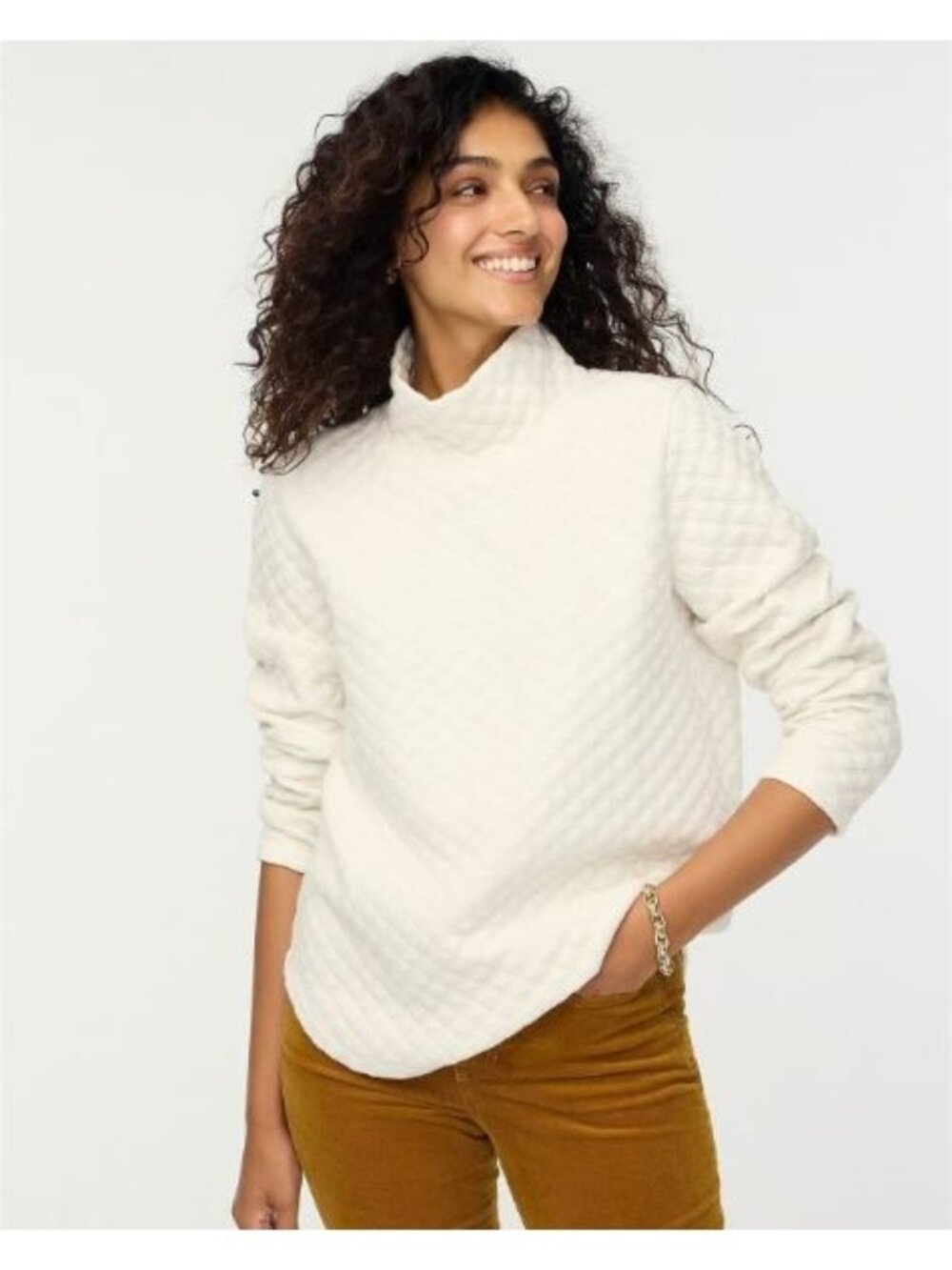 J.Crew Quilted Mock Neck Top Size Small Ivory Long Sleeve Pullover